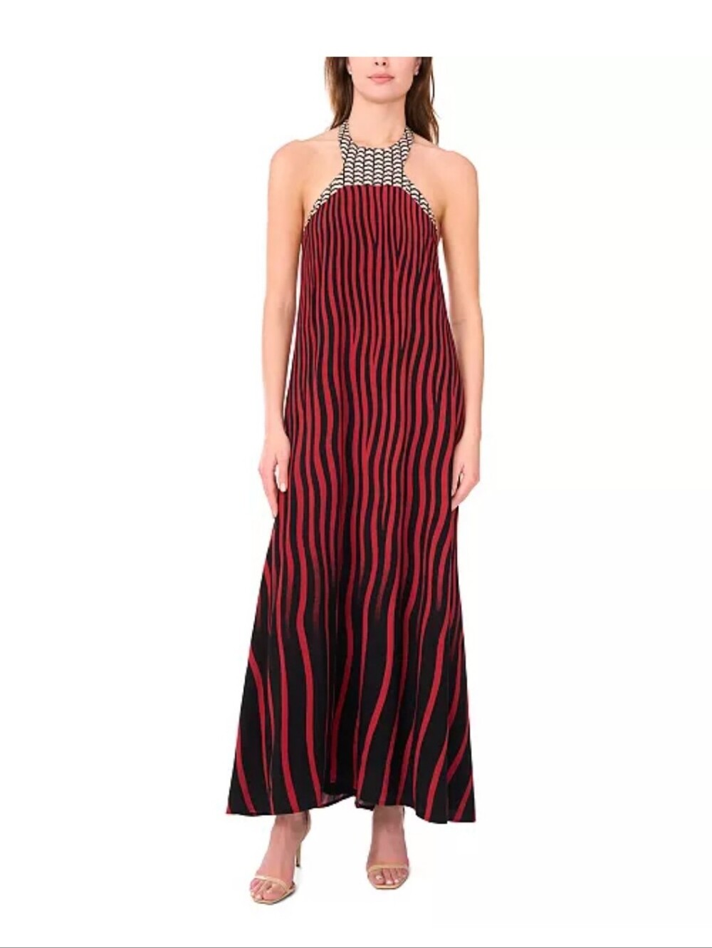 1.STATE NWT XS Red Black Striped Halter Maxi Dress Colorblock $99 Cocktail